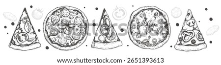 Hand drawn sketch style various pizzas and slices set. Best for Italian restaurant and delivery menu flyers designs. Vector illustration.
