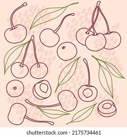 Hand drawn sketch style vector cherry set isolated on beige background, eco food illustration