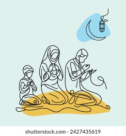 hand drawn sketch style vector illustration, muslim family praying in the month of Ramadan or Ed mubarak