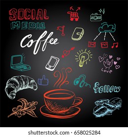 Hand drawn sketch style. Hand drawn vector illustration set of social media sign and symbol mobile elements.Coffee cup is hot . vintage paper cup of coffee takeaway Menu for restaurant, cafe, bar.