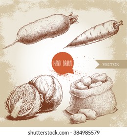 Hand drawn sketch style vegetables set. Cabbages, beet root, sack with potatoes and carrot. Farm fresh food on grunge vintage background.