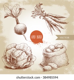 Hand drawn sketch style vegetables set. Cabbage, beet root with leafs, sack with potatoes and bunch of carrot. Farm fresh food on grunge vintage background.