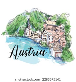 Hand drawn sketch style view of Hallstatt village isolated on white background. Colored vector illustration.