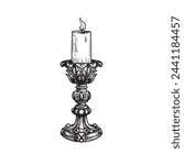 Hand drawn sketch style vintage candlestick with burning candle.  Retro pen and ink, engraved vector illustration isolated on white.