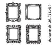 Hand drawn sketch style vintage picture frames set. Square baroque victorian borders. Vector illustrations isolated on white.