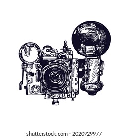 Hand drawn sketch style vintage photo camera isolated on white background. Vector illustration.