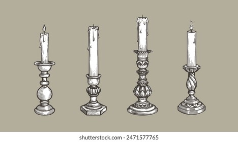 Hand drawn sketch style vintage candlesticks set. Retro pen and ink, engraved vector illustrations.