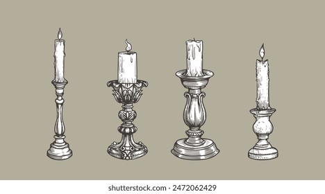 Hand drawn sketch style vintage candlesticks set. Retro pen and ink, engraved vector illustrations.