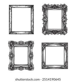 Hand drawn sketch style vintage picture frames set. Square baroque victorian borders. Vector illustrations isolated on white.