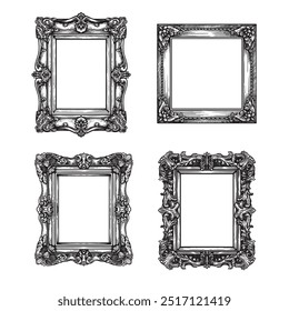 Hand drawn sketch style vintage picture frames set. Square baroque victorian borders. Vector illustrations isolated on white.