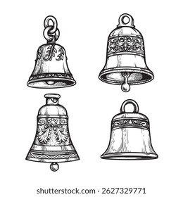 Hand drawn sketch style vintage bells set. Collection of retro bells with ornaments. Best for Christmas designs. Vector illustrations isolated on white.