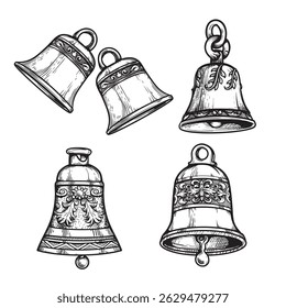 Hand drawn sketch style vintage bells set. Collection of retro bells with ornaments. Best for Christmas designs. Vector illustrations isolated on white.