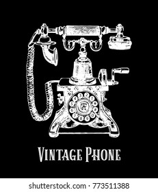 Hand drawn sketch style vintage telephone. Vector illustration isolated on black background.