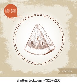 Hand drawn sketch style watermelon triangle slice vector illustration. Vintage fruit design isolated on grunge background.
