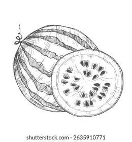 Hand drawn sketch style watermelons and watermelon slices.