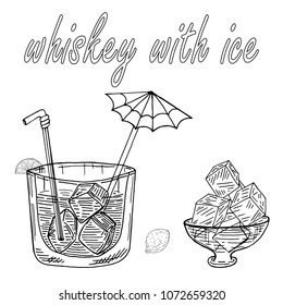 Hand drawn sketch style Whiskey with ice.Vector illustration