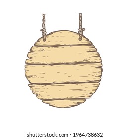 Hand drawn sketch style wooden signboard. Wooden round with rope plank. Best for invitations, game, blogs design. Vector color illustration.