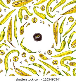 Hand drawn sketch style yellow Chili peppers set on a circle. Ripe and sliced peppers. Color illustration.