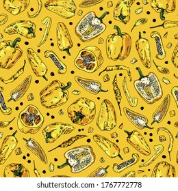 Hand drawn sketch style yellow peppers. Vector seamless pattern for label, menu, print, postcard.
