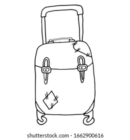 Hand drawn sketch of a suitcase in black on a white background. Detailed vintage drawing style. Vector illustration. A single item from a travel set.