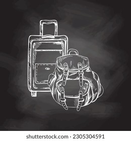 Hand drawn sketch of suitcase and camping backpack. Vintage vector illustration isolated on chalkboard  background. Doodle drawing.