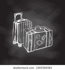 Hand drawn sketch of suitcases. Vintage vector illustration isolated on chalkboard  background. Doodle drawing.