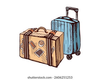 Hand drawn sketch of suitcases. Vintage vector illustration isolated on white background. Doodle drawing.