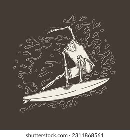 Hand drawn sketch of a surfer on a surfboard. Vector illustration.