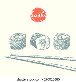 Hand drawn sketch of sushi roll and masked chopsticks. Asian food vector illustration. Japanese food menu background. 