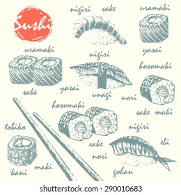 Hand drawn sketch of sushi roll, sushimi and masked chopsticks. Asian food vector illustration. Japanese food menu background.
