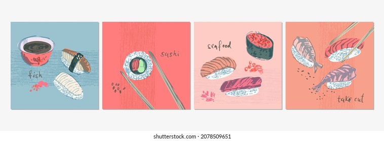 Hand drawn sketch of sushi, sashimi, rolls, soy sauce, sticks set. Asian food illustration for menu design, food background, japanese cuisine design.