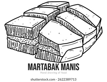 Hand drawn sketch of sweet martabak filled with peanuts and chocolate, simple line art, black ink, editable, coloring page, outline