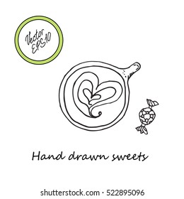 Hand drawn sketch of sweets, candy, tea or coffee cup upper view. Black and white sketch. Vector stock illustration. Isolated object for cafe or restaurant. 