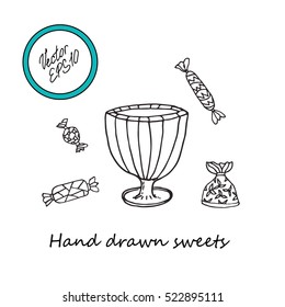 Hand drawn sketch of sweets: different types of candies with plate for desert. Sweet desert. Black and white sketch. Vector stock illustration. Isolated object for cafe or restaurant. 