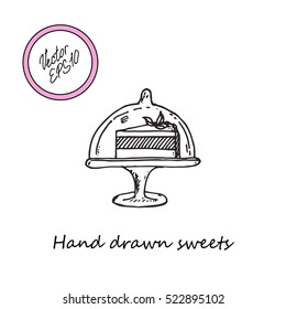 Hand drawn sketch of sweets: piece of cake on the plat. Sweet desert. Black and white sketch. Vector stock illustration. Isolated object for cafe or restaurant. 