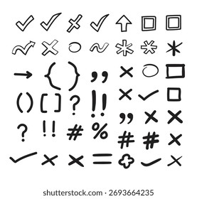 Símbolos de esboço desenhados à mão isolados sobre fundo branco para uso de design gráfico. Conjunto de ilustrações de clip-arts de rabiscar vetores. Elementos simples e fáceis de usar.