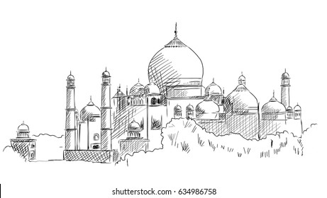 Hand drawn sketch of Taj Mahal in vector illustration.