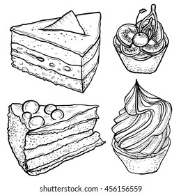 Hand drawn sketch of tart, slice of cake. Vector illustration.