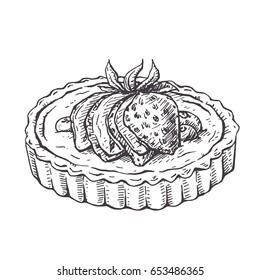 Hand drawn sketch of tart with strawberry isolated on a white