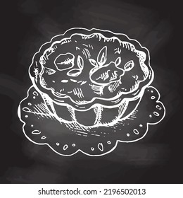 Hand drawn sketch of tartlet. Vintage, doodle style icon. Decoration element. White sketch isolated on black chalkboard. Icons and elements for print, labels, packaging. Vintage, doodle style.