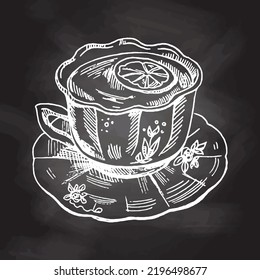 Hand drawn Sketch of Tea. Cup of tea with lemon. White sketch isolated on black chalkboard. Icons and elements for print, labels, packaging. Vintage, doodle style.