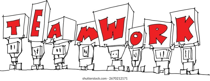 hand drawn sketch of team of robots performing TEAMWORK
