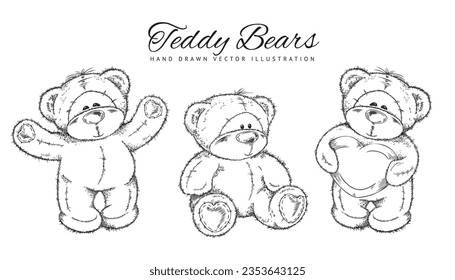 Hand drawn sketch Teddy bears vector illustrations. Set of colorless funny cartoon bears dolls with heart. Outline toys isolated on white background with lettering.