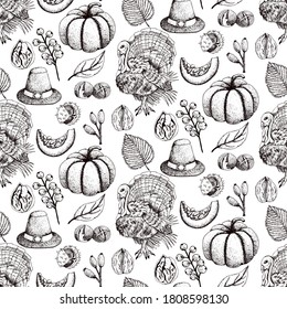 Hand drawn sketch Thanksgiving Day seamless pattern. Vector illustration