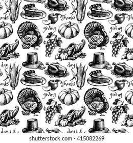 Hand drawn sketch Thanksgiving Day seamless pattern. Black and white vector illustration