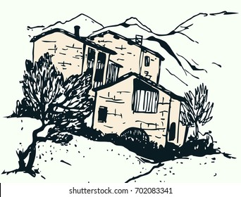 Hand drawn sketch of three houses at the foot of mountains vector illustration