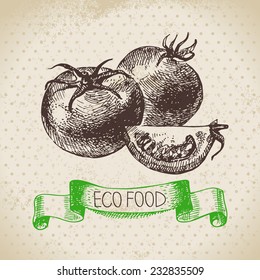 Hand drawn sketch tomato vegetable. Eco food background.Vector illustration