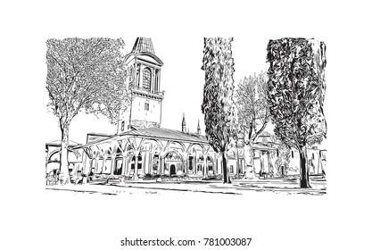 Hand drawn sketch of Topkapi Palace Istanbul, Turkey in vector illustration.
