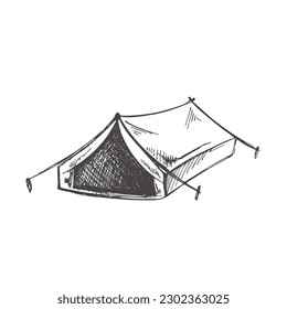 Hand drawn  sketch of tourist tent. Vintage vector illustration isolated on white background. Doodle drawing. 