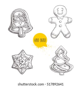 Hand drawn sketch traditional Christmas cookies set. Hand bell. gingerbread men, snowflake and christmas tree. Collection of vector hand made illustration.